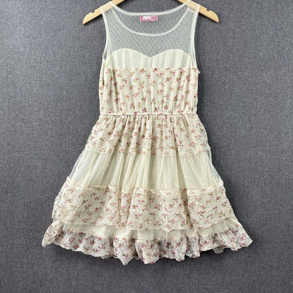 UpByUltraPink Women S Floral Lace Tulle Dress Ivory Pink Sleeveless Fit & Flare - Picture 3 of 9
